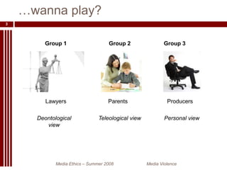 …wanna play?Media Ethics – Summer 2008 		Media Violence3Group 1Group 2Group 3ParentsProducersLawyersTeleological viewPersonal viewDeontological view