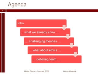 AgendaMedia Ethics – Summer 2008 		Media Violence4