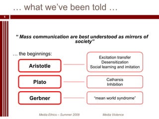 “ Mass communication are best understood as mirrors of society”… the beginnings: … what we’ve been told …  Media Ethics – Summer 2008 		Media Violence5Excitation transferDesensitizationSocial learning and imitationAristotlePlatoCatharsisInhibitionGerbner“mean world syndrome”