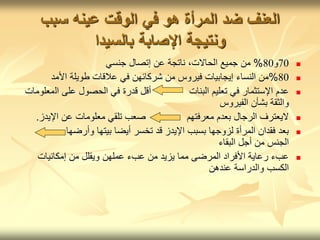 ‫سبب‬ ‫عينه‬ ‫الوقت‬ ‫في‬ ‫هو‬ ‫المرأة‬ ‫ضد‬ ‫العنف‬
‫بالسيدا‬ ‫اإلصابة‬ ‫ونتيجة‬

70
‫و‬
80
%
‫جنسي‬ ‫إتصال‬ ‫عن‬ ‫ناتجة‬ ،‫الحاالت‬ ‫جميع‬ ‫من‬

80
%
‫األمد‬ ‫طويلة‬ ‫عالقات‬ ‫في‬ ‫شركائهن‬ ‫من‬ ‫فيروس‬ ‫إيجابيات‬ ‫النساء‬ ‫من‬

‫ال‬ ‫على‬ ‫الحصول‬ ‫في‬ ‫قدرة‬ ‫أقل‬ ‫البنات‬ ‫تعليم‬ ‫في‬ ‫اإلستثمار‬ ‫عدم‬
‫معلومات‬
‫الفيروس‬ ‫بشأن‬ ‫والثقة‬

‫اإليدز‬ ‫عن‬ ‫معلومات‬ ‫تلقي‬ ‫صعب‬ ‫معرفتهم‬ ‫بعدم‬ ‫الرجال‬ ‫اليعترف‬
.

‫وأرضها‬ ‫بيتها‬ ‫أيضا‬ ‫تخسر‬ ‫قد‬ ‫اإليدز‬ ‫بسبب‬ ‫لزوجها‬ ‫المرأة‬ ‫فقدان‬ ‫بعد‬
‫البقاء‬ ‫أجل‬ ‫من‬ ‫الجنس‬

‫إمكانيات‬ ‫من‬ ‫ويقلل‬ ‫عملهن‬ ‫عبء‬ ‫من‬ ‫يزيد‬ ‫مما‬ ‫المرضى‬ ‫األفراد‬ ‫رعاية‬ ‫عبء‬
‫عندهن‬ ‫والدراسة‬ ‫الكسب‬
 