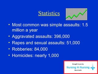 Statistics
• Most common was simple assaults: 1.5
million a year
• Aggravated assaults: 396,000
• Rapes and sexual assaults: 51,000
• Robberies: 84,000
• Homicides: nearly 1,000
 