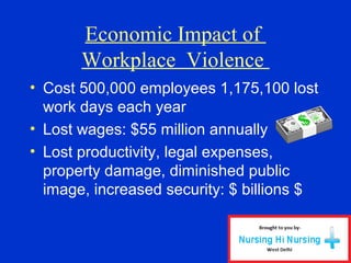 Economic Impact of
Workplace Violence
• Cost 500,000 employees 1,175,100 lost
work days each year
• Lost wages: $55 million annually
• Lost productivity, legal expenses,
property damage, diminished public
image, increased security: $ billions $
 