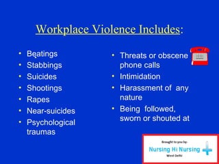 Workplace Violence Includes:
• Beatings
• Stabbings
• Suicides
• Shootings
• Rapes
• Near-suicides
• Psychological
traumas
• Threats or obscene
phone calls
• Intimidation
• Harassment of any
nature
• Being followed,
sworn or shouted at
 