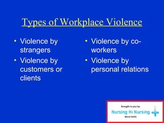 Types of Workplace Violence
• Violence by
strangers
• Violence by
customers or
clients
• Violence by co-
workers
• Violence by
personal relations
 