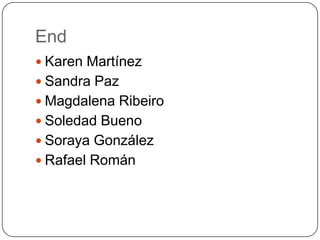 End
 Karen Martínez
 Sandra Paz
 Magdalena Ribeiro
 Soledad Bueno
 Soraya González
 Rafael Román
 
