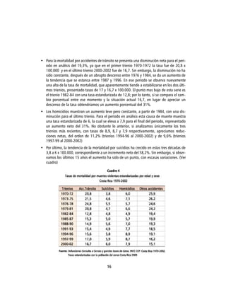 • Para la mortalidad por accidentes de tránsito se presenta una disminución neta para el peri-
  odo en análisis del 19,3%, ya que en el primer trienio 1970-1972 la tasa fue de 20,8 x
  100.000 y en el último trienio 2000-2002 fue de 16,7. Sin embargo, la disminución no ha
  sido constante, después de un abrupto descenso entre 1976 y 1984, se da un aumento de
  la tendencia que se estanca entre 1987 y 1996. En ese período se observa nuevamente
  una alta de la tasa de mortalidad, que aparentemente tiende a estabilizarse en los dos últi-
  mos trienios, presentado tasas de 17 y 16,7 x 100.000. El punto mas bajo de esta serie es
  el trienio 1982-84 con una tasa estandarizada de 12,8; por lo tanto, si se compara el cam-
  bio porcentual entre ese momento y la situación actual 16,7, en lugar de apreciar un
  descenso de la tasa obtendríamos un aumento porcentual del 31%.
• Los homicidios muestran un aumento leve pero constante, a partir de 1984, con una dis-
  minución para el último trienio. Para el periodo en análisis esta causa de muerte muestra
  una tasa estandarizada de 6, la cual se eleva a 7,9 para el final del periodo, representado
  un aumento neto del 31%. No obstante lo anterior, si analizamos únicamente los tres
  trienios más recientes, con tasas de 8,9, 8,7 y 7,9 respectivamente, apreciamos reduc-
  ciones netas, del orden de 11,2% (trienios 1994-96 al 2000-2002) y de 9,6% (trienios
  1997-99 al 2000-2002)
• Por último, la tendencia de la mortalidad por suicidios ha crecido en estas tres décadas de
  3,8 a 6 x 100.000, correspondiente a un incremento neto del 58,2%. Sin embargo, si obser-
  vamos los últimos 15 años el aumento ha sido de un punto, con escasas variaciones. (Ver
  cuadro)




                                           16
 