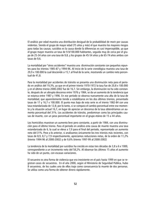 El análisis por edad muestra una distribución desigual de la probabilidad de morir por causas
violentas. Siendo el grupo de mayor edad (75 años y más) el que muestra los mayores riesgos
para todas las causas; suicidios es la causa donde la diferencias es casi imperceptible, ya que
el grupo mayor muestra un tasa de 9.9/100.000 habitantes, seguida muy de cerca por el gru-
po de 25-34 años con una tasa de 9,8, y los grupos de 45-54 años y de 65-74 años ambos con
tasas de 9,6.

La mortalidad por “otros accidentes” muestra una disminución constante con pequeños repun-
tes para los trienios 1985-87 y 1994-96. Al inicio de la serie cronológica muestra una tasa de
29,9 x 100.000 la cual desciende a 15,1 al final de la serie, mostrando un cambio neto porcen-
tual de 41,8.

Para la mortalidad por accidentes de tránsito se presenta una disminución neta para el perio-
do en análisis del 19,3%, ya que en el primer trienio 1970-1972 la tasa fue de 20,8 x 100.000
y en el último trienio 2000-2002 fue de 16,7. Sin embargo, la disminución no ha sido constan-
te, después de un abrupto descenso entre 1976 y 1984, se da un aumento de la tendencia que
se estanca entre 1987 y 1996. En ese período se observa nuevamente una alta de la tasa de
mortalidad, que aparentemente tiende a estabilizarse en los dos últimos trienios, presentado
tasas de 17 y 16,7 x 100.000. El punto mas bajo de esta serie es el trienio 1982-84 con una
tasa estandarizada de 12,8; por lo tanto, si se compara el cambio porcentual entre ese momen-
to y la situación actual 16,7, en lugar de apreciar un descenso de la tasa obtendríamos un au-
mento porcentual del 31%. Los accidentes de tránsito, predominan como las principales cau-
sas de muerte, con un peso porcentual importante en el grupo etáreo de 15 a 44 años.

Los homicidios muestran un aumento leve pero constante, a partir de 1984, con una disminu-
ción para el último trienio. Para el periodo en análisis esta causa de muerte muestra una tasa
estandarizada de 6, la cual se eleva a 7,9 para el final del periodo, representado un aumento
neto del 31%. Pese a lo anterior, si analizamos únicamente los tres trienios más recientes, con
tasas de 8,9, 8,7 y 7,9 respectivamente, apreciamos reducciones netas, de la orden de 11,2%
(trienio 1994-96 al 2000-2002) y de 9,6% (trienio 1997-99 al 2000-2002)

La tendencia de la mortalidad por suicidios ha crecido en estas tres décadas de 3,8 a 6 x 1000,
correspondiente a un incremento neto del 58,2%. Al observar los últimos 15 años el aumento
ha sido de un punto, con escasas variaciones.

El secuestro es otra forma de violencia que era inexistente en el país hasta 1999 en que se re-
gistran casos de secuestros. En el año 2000, según el Ministerio de Seguridad Pública, hubo
8 secuestros, de los cuales uno de ellos trajo como consecuencia la muerte de dos personas.
Se utiliza como una forma de obtener dinero rápidamente.




                                           52
 