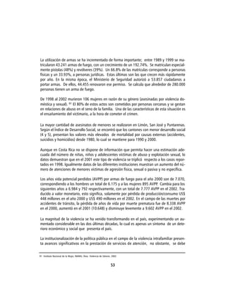 La utilización de armas se ha incrementado de forma importante; entre 1989 y 1999 se ma-
tricularon 43.241 armas de fuego, con un crecimiento de un 192.74%. Se matriculan especial-
mente pistolas (48%) y revólveres (39%). Un 66.8% de las matrículas corresponde a personas
físicas y un 33.93%, a personas jurídicas. Estas últimas son las que crecen más rápidamente
por año. En la misma época, el Ministerio de Seguridad autorizó a 53.857 ciudadanos a
portar armas. De ellos, 44.455 renovaron ese permiso. Se calcula que alrededor de 280.000
personas tienen un arma de fuego.

De 1998 al 2002 murieron 106 mujeres en razón de su género (asesinadas por violencia do-
méstica y sexual). 91 El 80% de estos actos son cometidos por personas cercanas y se gestan
en relaciones de abuso en el seno de la familia. Una de las características de esta situación es
el ensañamiento del victimario, a la hora de cometer el crimen.

La mayor cantidad de asesinatos de menores se realizaron en Limón, San José y Puntarenas.
Según el Índice de Desarrollo Social, se encontró que los cantones con menor desarrollo social
(4 y 5), presentan los valores más elevados de mortalidad por causas externas (accidentes,
suicidios y homicidios) desde 1980, lo cual se mantiene para 1990 y 2000.

Aunque en Costa Rica no se dispone de información que permita hacer una estimación ade-
cuada del número de niñas, niños y adolescentes víctimas de abuso y explotación sexual, lo
datos demuestran que en el 2001 este tipo de violencia se triplicó respecto a los casos repor-
tados en 1998. Igualmente datos de las diferentes instituciones muestran un aumento del nú-
mero de atenciones de menores víctimas de agresión física, sexual o pasiva y no específica.

Los años vida potencial perdidos (AVPP) por armas de fuego para el año 2000 son de 7.070,
correspondiendo a los hombres un total de 6.175 y a las mujeres 895 AVPP Cambia para los
                                                                         .
siguientes años a 6.984 y 792 respectivamente, con un total de 7.777 AVPP en el 2002. Tra-
ducido a valor monetario, esto significa, solamente por pérdida de producción/consumo US$
448 millones en el año 2000 y US$ 490 millones en el 2002. En el campo de las muertes por
accidentes de tránsito, la pérdida de años de vida por muerte prematura fue de 8.338 AVPP
en el 2000, aumentó en el 2001 (10.648) y disminuye levemente a 9.602 AVPP en el 2002.

La magnitud de la violencia se ha venido transformando en el país, experimentando un au-
mentado considerable en las dos últimas décadas, lo cual es apenas un síntoma de un dete-
rioro económico y social que presenta el país.

La institucionalización de la política pública en el campo de la violencia intrafamiliar presen-
ta avances significativos en la prestación de servicios de atención, no obstante, se debe


91 Instituto Nacional de la Mujer, INAMU, Área Violencia de Género. 2002


                                                                  53
 