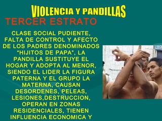 TERCER ESTRATO
   CLASE SOCIAL PUDIENTE,
FALTA DE CONTROL Y AFECTO
DE LOS PADRES DENOMINADOS
     “HIJITOS DE PAPA”, LA
    PANDILLA SUSTITUYE EL
 HOGAR Y ADOPTA AL MENOR,
 SIENDO EL LIDER LA FIGURA
   PATERNA Y EL GRUPO LA
       MATERNA, CAUSAN
    DESORDENES, PELEAS,
   LESIONES,DESTRUCCION,
       OPERAN EN ZONAS
    RESIDENCIALES, TIENEN
  INFLUENCIA ECONOMICA Y
 