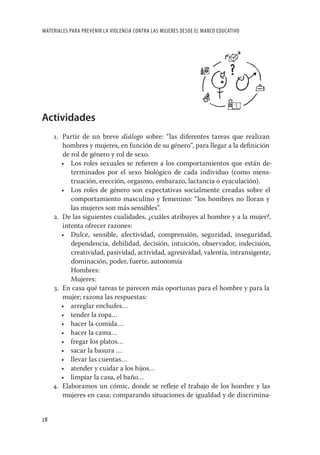 MATERIALES PARA PREVENIR LA VIOLENCIA CONTRA LAS MUJERES DESDE EL MARCO EDUCATIVO




Actividades
     1. Partir de un breve diálogo sobre: “las diferentes tareas que realizan
        hombres y mujeres, en función de su género”, para llegar a la deﬁnición
        de rol de género y rol de sexo.
        • Los roles sexuales se reﬁeren a los comportamientos que están de-
           terminados por el sexo biológico de cada individuo (como mens-
           truación, erección, orgasmo, embarazo, lactancia o eyaculación).
        • Los roles de género son expectativas socialmente creadas sobre el
           comportamiento masculino y femenino: “los hombres no lloran y
           las mujeres son más sensibles”.
     2. De las siguientes cualidades, ¿cuáles atribuyes al hombre y a la mujer?,
        intenta ofrecer razones:
        • Dulce, sensible, afectividad, comprensión, seguridad, inseguridad,
           dependencia, debilidad, decisión, intuición, observador, indecisión,
           creatividad, pasividad, actividad, agresividad, valentía, intransigente,
           dominación, poder, fuerte, autonomía
           Hombres:
           Mujeres:
     3. En casa qué tareas te parecen más oportunas para el hombre y para la
        mujer; razona las respuestas:
        • arreglar enchufes…
        • tender la ropa…
        • hacer la comida…
        • hacer la cama…
        • fregar los platos…
        • sacar la basura …
        • llevar las cuentas…
        • atender y cuidar a los hijos…
        • limpiar la casa, el baño…
     4. Elaboramos un cómic, donde se reﬂeje el trabajo de los hombre y las
        mujeres en casa; comparando situaciones de igualdad y de discrimina-


28
 