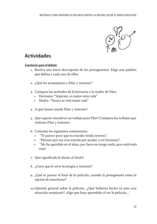 MATERIALES PARA PREVENIR LA VIOLENCIA CONTRA LAS MUJERES DESDE EL MARCO EDUCATIVO




Actividades
Cuestiones para el debate
    1. Realiza una breve descripción de los protagonistas. Elige una palabra
       que deﬁna a cada uno de ellos.

    2. ¿Qué les aconsejarías a Pilar y Antonio?

    3. Compara las actitudes de la hermana y la madre de Pilar:
       • Hermana: “Sepárate, es mejor estar sola”
       • Madre: “Nunca se está mejor sola”

    4. A qué tienen miedo Pilar y Antonio?

    5. Qué supone encontrar un trabajo para Pilar? Compara los trabajos que
       realizan Pilar y Antonio.

    6. Comenta los siguientes comentarios:
       • “Te parece poco que tu marido venda neveras”.
       • “Piensas que soy una mierda por ayudar a mi hermano”.
       • “Me ha agredido en el alma, por fuera no tengo nada, pero está todo
         roto”.

    7. Qué signiﬁcado le darías al título?

    8. ¿Crees que le sirve la terapia a Antonio?

    9. ¿Qué te parece el ﬁnal de la película, cuando la protagonista toma la
       opción de marcharse?

    10. Opinión general sobre la película…¿Qué hubieras hecho tú ante una
        situación semejante?..Algo que haya aprendido al ver la película…


                                                                                          57
 