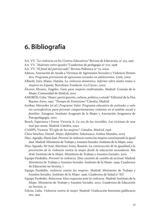 6. Bibliografía
AA. VV. “La violencia en los Centros Educativos” Revista de Educación, nº 313, 1997
AA. VV. “Maltrato entre iguales” Cuadernos de pedagogía nº 270, 1998
AA. VV. “El ﬁnal del patriarcado”. Revista Polémica nº 70, 2000
Adavas, Asociación de Ayuda a Víctimas de Agresiones Sexuales y Violencia Domés-
   tica. Programa prevención de agresiones sexuales en adolescentes. León, 2002
Alberdi, Inés; Matas, Natalia. La violencia doméstica. Informe sobre malos tratos a
   mujeres en España. Barcelona: Fundació «La Caixa», 2002
Álvarez Álvarez, Ángeles. Guía para mujeres maltratadas. Madrid: Consejo de la
   Mujer, Comunidad de Madrid, 2001
AMORÓS, Celia “Mujer: participación, cultura, política y estado” Editorial de la Flor.
   Buenos Aires, 1997. “Tiempo de Feminismo” Cátedra, Madrid
Arribas, Mercedes [et al.] Programa Valor. Programa educativo de actitudes y valo-
   res socioafectivos para prevenir comportamientos violentos en el ambito social y
   familiar. Zaragoza: Instituto Aragonés de la Mujer y Asociación Aragonesa de
   Psicopedagogía, 2001
Bosch, Esperanza i Ferrer, Victoria A. La voz de las invisibles. Las víctimas de una
   mal que mata. Madrid: Cátedra, 2002
CAMPS, Victoria “El siglo de las mujeres”. Cátedra, Madrid, 1998
Clara Sánchez, Daniel. Mujer, deﬁéndete. Salamanca: Ambos Mundos, 2003
Diaz–Aguado, María José. Prevenir la violencia contra las mujeres construyendo la igual-
   dad. Madrid: Ministerio de Trabajo y Asuntos Sociales. Instituto de la Mujer, 2002
Díaz-Aguado, Mª José; Martínez Arias, Rosario. La construcción de la igualdad y la
   prevención de la violencia contra la mujer desde la educación secundaria. Ma-
   drid: Instituto de la Mujer. Ministerio de Trabajo y Asuntos Sociales, 2001
Equipo Pardedós. Prevenir la violencia. Una cuestión de cambio de actitud. Madrid:
   Ministerio de Trabajo y Asuntos Sociales. Instituto de la Mujer. 1999. Cuadernos
   de Educación no Sexista, 7
Equipo Pardedós. violencia contra las mujeres. Madrid: Ministerio de Trabajo y
   Asuntos Sociales. Instituto de la Mujer. 1996. Cuadernos de Salud nº XII
Equipo Pardedós. Relaciona: Una respuesta ante la violencia. Madrid: Instituto de la
   Mujer. Ministerio de Trabajo y Asuntos Sociales. 2001. Cuadernos de Educación
   no Sexista, 11
Falcón, Lidia. Violencia contra la mujer. Madrid: Vindicación feminista publicacio-
   nes, 1991


                                                                                     71
 