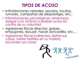 TIPOS DE ACOSO
• Intimidaciones verbales: apodos, insultos,
  rumores, campañas de desprestigio, etc..
• Intimidaciones psicológicas: amenazas,
  obligar a la víctima a realizar actos en
  contra de su voluntad
• Agresiones físicas directas: golpes,
  empujones, escupir, hacer zancadilla, etc…
• Agresiones físicas indirectas: dañar sus
  cosas, meter ladrillos en su maleta,
  esconder sus cosas
 