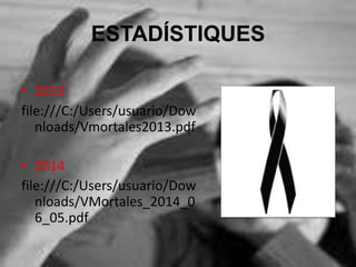 ESTADÍSTIQUES
• 2013
file:///C:/Users/usuario/Dow
nloads/Vmortales2013.pdf
• 2014
file:///C:/Users/usuario/Dow
nloads/VMortales_2014_0
6_05.pdf
 