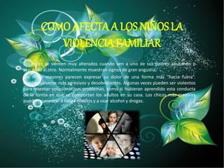 COMO AFECTA A LOS NIÑOS LA 
VIOLENCIA FAMILIAR 
Los niños se sienten muy alterados cuando ven a uno de sus padres abusando o 
atacando al otro. Normalmente muestran signos de gran angustia. 
Los niños mayores parecen expresar su dolor de una forma más “hacia fuera”. 
Pueden volverse más agresivos y desobedientes. Algunas veces pueden ser violentos 
para intentar solucionar sus problemas, como si hubieran aprendido esta conducta 
de la forma en que se comportan los adultos en su casa. Los chicos más mayores 
pueden comenzar a hacer novillos y a usar alcohol y drogas. 
 