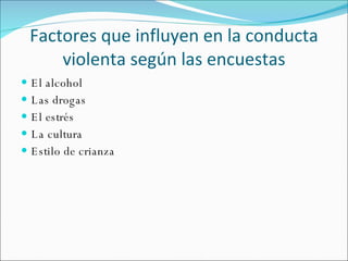 Factores que influyen en la conducta violenta según las encuestas El alcohol Las drogas El estrés La cultura Estilo de crianza 