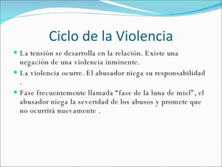 Ciclo de la Violencia La tensión se desarrolla en la relación. Existe una negación de una violencia inminente. La violencia ocurre. El abusador niega su responsabilidad . Fase frecuentemente llamada “fase de la luna de miel”, el abusador niega la severidad de los abusos y promete que no ocurrirá nuevamente . 