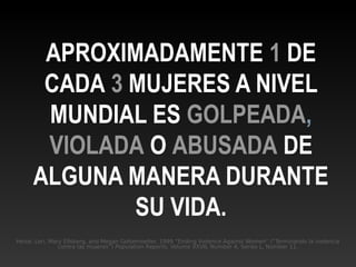 Heise, Lori, Mary Ellsberg, and Megan Gottemoeller. 1999 “Ending Violence Against Women” (“Terminando la violencia
contra las mujeres”) Population Reports, Volume XXVII, Number 4, Series L, Number 11.
APROXIMADAMENTE 1 DE
CADA 3 MUJERES A NIVEL
MUNDIAL ES GOLPEADA,
VIOLADA O ABUSADA DE
ALGUNA MANERA DURANTE
SU VIDA.
 