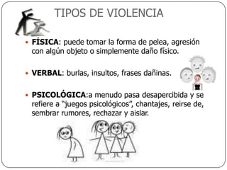 TIPOS DE VIOLENCIA
 FÍSICA: puede tomar la forma de pelea, agresión
con algún objeto o simplemente daño físico.
 VERBAL: burlas, insultos, frases dañinas.
 PSICOLÓGICA:a menudo pasa desapercibida y se
refiere a “juegos psicológicos”, chantajes, reirse de,
sembrar rumores, rechazar y aislar.
 
