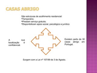 São estruturas de acolhimento residencial:
             Temporário;
             Prestam serviço gratuito;
             Disponibilizam apoio social, psicológico e jurídico.




A             sua                                           Existem perto de 30
localização     é              Casas                        casas abrigo em
                                                            Portugal.
confidencial.                  Abrigo



               Surgem com a Lei nº 107/99 de 3 de Agosto.
 