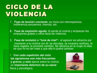CICLO DE LA VIOLENCIA 1.  Fase de tensión creciente:  se inicia con menosprecios, indiferencia,sarcasmos, tiranías, etc. 2.  Fase de explosión aguda:  él pierde el control y empiezan los empujones,golpes u otros tipos de violencia. 3.  Fase de remisión o “luna de miel”:  el agresor se esfuerza por mantener a la víctima con él: se disculpa, se muestra cariñoso, le hace regalos, le promete cambiar. Se refuerza en la mujer la idea de que no es tan malo y que ella lo podrá cambiar. Con cada repetición del ciclo las agresiones son más frecuentes y graves; y esto  ejerce sobre la víctima un  importante deterioro de su salud  física y psicológica. 