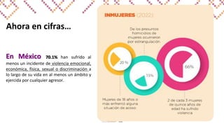 Ahora en cifras…
En México 70.1% han sufrido al
menos un incidente de violencia emocional,
económica, física, sexual o discriminación a
lo largo de su vida en al menos un ámbito y
ejercida por cualquier agresor.
 