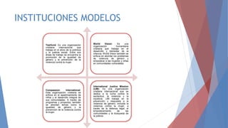INSTITUCIONES MODELOS
Tearfund: Es una organización
cristiana internacional que
trabaja en el alivio de la pobreza
y la justicia social. Entre sus
áreas de trabajo se encuentra la
promoción de la igualdad de
género y la prevención de la
violencia contra la mujer.
World Vision: Es una
organización humanitaria
cristiana que trabaja en el
desarrollo y bienestar de la
infancia. World Vision también se
enfoca en abordar los problemas
de violencia de género y
empoderar a las mujeres y niñas
en comunidades vulnerables.
Compassion International:
Esta organización cristiana se
enfoca en el apadrinamiento de
niños y el desarrollo integral de
sus comunidades. A través de
programas y proyectos, también
se abordan temas como la
igualdad de género y la
prevención de la violencia contra
la mujer.
International Justice Mission
(IJM): Es una organización
cristiana internacional que se
dedica a la lucha contra la
esclavitud, la violencia y la
injusticia. IJM trabaja en la
prevención y respuesta a la
violencia de género, incluida la
violencia contra la mujer, a
través de la defensa legal, el
empoderamiento de las
comunidades y la búsqueda de
la justicia.
 