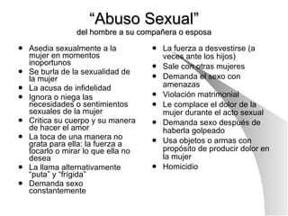 “ Abuso Sexual” del hombre a su compañera o esposa Asedia sexualmente a la mujer en momentos inoportunos Se burla de la sexualidad de la mujer La acusa de infidelidad Ignora o niega las necesidades o sentimientos sexuales de la mujer Critica su cuerpo y su manera de hacer el amor La toca de una manera no grata para ella: la fuerza a tocarlo o mirar lo que ella no desea La llama alternativamente “puta” y “frígida” Demanda sexo constantemente La fuerza a desvestirse (a veces ante los hijos) Sale con otras mujeres Demanda el sexo con amenazas Violación matrimonial Le complace el dolor de la mujer durante el acto sexual Demanda sexo después de haberla golpeado Usa objetos o armas con propósito de producir dolor en la mujer Homicidio 