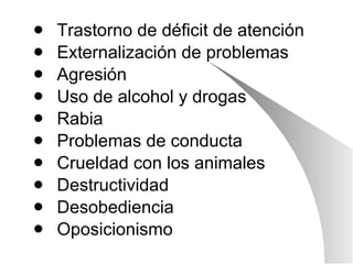Trastorno de déficit de atención Externalización de problemas Agresión Uso de alcohol y drogas Rabia Problemas de conducta Crueldad con los animales Destructividad Desobediencia Oposicionismo 