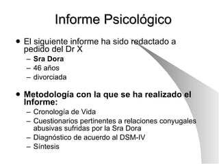 Informe Psicológico El siguiente informe ha sido redactado a pedido del Dr X Sra Dora 46 años divorciada Metodología con la que se ha realizado el Informe: Cronología de Vida Cuestionarios pertinentes a relaciones conyugales abusivas sufridas por la Sra Dora Diagnóstico de acuerdo al DSM-IV Síntesis 