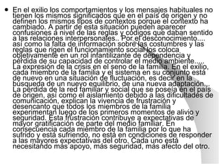 En el exilio los comportamientos y los mensajes habituales no tienen los mismos significados que en el país de origen y no definen los mismos tipos de contextos porque el contexto ha cambiado. A partir de esta situación pueden aparecer confusiones a nivel de las reglas y códigos que daban sentido a las relaciones interpersonales.. Por el desconocimiento.... así como la falta de información sobre las costumbres y las reglas que rigen el funcionamiento social los coloca objetivamente en un rol infantilizante de dependencia y pérdida de su capacidad de controlar el medio ambiente..... La expresión de la crisis en el seno de la familia. En el exilio, cada miembro de la familia y el sistema en su conjunto está de nuevo en una situación de fluctuación, es decir en la búsqueda de un nuevo equilibrio, de una nueva adaptación... La pérdida de la red familiar y social que se poseía en el país de origen, así como el aislamiento debido a las dificultades de comunicación, explican la vivencia de frustración y desencanto que todos los miembros de la familia experimentan luego de los primeros momentos de alivio y seguridad. Esta frustración contribuye a expectativas de mayor gratificación de parte del medio familiar. En consecuencia cada miembro de la familia por lo que ha sufrido y está sufriendo, no está en condiciones de responder a las mayores expectativas del otro. Cada uno está necesitando más apoyo, más seguridad, más afecto del otro. 