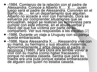 -1984. Comienzo de la relación con el padre de Alessandra. Conoce a Alberto X....  X..... ,quien luego será el padre de Alessandra. Conviven en el Barrio de...... en un departamento que alquilan. Alberto no accede a vivir con Fernando, Dora se esfuerza por comprender situaciones que se encuadran, según se realizan las entrevistas para cumplir con este informe, en el abuso verbal y físico del que fue víctima por parte de su compañero. Ver sus respuestas a las escalas. [2] -1986. Durante un viaje a Uruguay con su pareja queda embarazada. -1986. Nace Alessandra X..... Alessandra vive con su mamá, su hermano y sus abuelos maternos. Aproximadamente  2 años después el padre la reconoce  (1988). Para Dora era terrible volver a vivir con su mamá (como haber fracasado) : porque no estaba casada. Sentía que para su madre era una puta porque estaba embarazada de alguien con quien no estaba casada. 