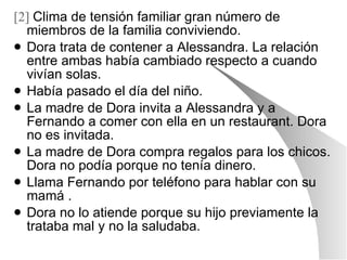 [2]   Clima de tensión familiar gran número de miembros de la familia conviviendo. Dora trata de contener a Alessandra. La relación entre ambas había cambiado respecto a cuando vivían solas. Había pasado el día del niño.  La madre de Dora invita a Alessandra y a Fernando a comer con ella en un restaurant. Dora no es invitada. La madre de Dora compra regalos para los chicos. Dora no podía porque no tenía dinero. Llama Fernando por teléfono para hablar con su mamá . Dora no lo atiende porque su hijo previamente la trataba mal y no la saludaba. 
