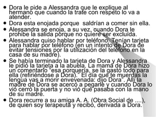 Dora le pide a Alessandra que le explique al hermano que cuando la trate con respeto lo va a atender. Dora esta enojada porque  saldrían a comer sin ella. Alessandra se enoja, a su vez, cuando Dora le prohibe la salida porque no quiere ser excluída. Alessandra quiso hablar por teléfono. Tenían tarjeta para hablar por teléfono (en un intento de Dora de evitar tensiones por la utilización del teléfono en la casa de su madre).  Se había terminado la tarjeta de Dora y Alessandra le pidió la tarjeta a la abuela. La mamá de Dora hizo un comentario “esa porquería, se la gastó todo para ella (refiriéndose a Dora).” El día que te muerdas la lengua vas a morir envevenada: dijo Dora”. Allí la madre de Dora se acercó a pegarle y cuando Dora lo vió cerró la puerta y no vió qué pasaba con la mano de su madre.  Dora recurre a su amiga A. A. (Obra Social de ....), de quien soy terapeuta y recibo, derivada a Dora. 