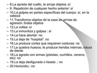 8.La aprieta del cuello, le arroja objetos.:sí 9. Repetición de cualquier hecho anterior: sí  10.La golpea en partes específicas del cuerpo: sí, en la cabeza 11.Transforma objetos de la casa en armas de agresión.:tiraba objetos 12.La voltea: sí 13.La inmoviliza y golpea : sí  14.La hace abortar: no 15.La deja de “hospital”: no 16.Le produce cortes que requieren costuras: no 17.Le quiebra huesos; le produce heridas internas.:rotura de diente 18.La agrede con armas (pistolas, cuchillos, veneno, etc): no  19.La deja desfigurada o lisiada .: no 20.Homicidio.: no 