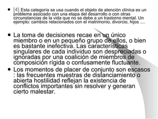 [4]   Esta categoría se usa cuando el objeto de atención clínica es un problema asociado con una etapa del desarrollo o con otras circunstancias de la vida que no se debe a un trastorno mental. Un ejemplo: cambios relacionados con el matrimonio, divorcio, hijos .... La toma de decisiones recae en un único miembro o en un pequeño grupo de ellos, o bien es bastante inefectiva. Las características singulares de cada individuo son despreciadas o ignoradas por una coalición de miembros de composición rígida o confusamente fluctuante. Los momentos de placer de conjunto son escasos : las frecuentes muestras de distanciamiento o abierta hostilidad reflejan la existencia de conflictos importantes sin resolver y generan cierto malestar. 