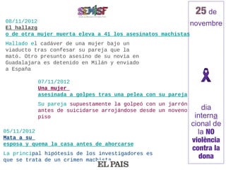 25 de
08/11/2012
El hallazg
                                                           novembre
o de otra mujer muerta eleva a 41 los asesinatos machistas
Hallado el cadáver de una mujer bajo un
viaducto tras confesar su pareja que la
mató. Otro presunto asesino de su novia en
Guadalajara es detenido en Milán y enviado
a España

          07/11/2012
          Una mujer
          asesinada a golpes tras una pelea con su pareja
          Su pareja supuestamente la golpeó con un jarrón
          antes de suicidarse arrojándose desde un noveno       dia
          piso                                               interna
                                                            cional de
05/11/2012                                                    la NO
Mata a su
esposa y quema la casa antes de ahorcarse
                                                            violència
                                                            contra la
La principal hipótesis de los investigadores es
que se trata de un crimen machista
                                                               dona
 