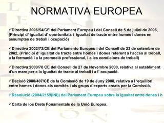 NORMATIVA EUROPEA Directiva 2006/54/CE del Parlament Europeu i del Consell de 5 de juliol de 2006, (Principi d’ igualtat d’ oportunitats i  igualtat de tracte entre homes i dones en assumptes de treball i ocupació) Directiva 2002/73/CE del Parlamento Europeu i del Consell de 23 de setembre de 2002, (Principi d’ igualtat de tracte entre homes i dones referent a l’accés al treball, a la formació i a la promoció professional, i a les condicions de treball) Directiva 2000/78 CE del Consell de 27 de Novembre 2000, relativa al establiment d’un marc per a la igualtat de tracte al treball i a l’ ocupació. Decisió 2000/407/CE de la Comissió de 19 de Juny 2000, relativa a l ‘equilibri entre homes i dones als comitès i als grups d’experts creats per la Comissió. Resolució (2004/2159(INI)) del Parlament Europeu sobre la igualtat entre dones i homes a la Unió Europea Carta de los Drets Fonamentals de la Unió Europea.  