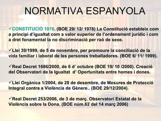 NORMATIVA ESPANYOLA CONSTITUCIÓ 1978 . (BOE 29/ 12/ 1978) La Constitució estableix com a principi d’igualtat com a valor superior de l’ordenament jurídic i com a dret fonamental la no discriminació per raó de sexe. Llei 39/1999, de 5 de novembre, per promoure la conciliació de la vida familiar i laboral de les persones treballadores. (BOE 6/ 11/ 1999). Real Decret 1686/2000, de 6 d’ octubre (BOE 19/ 10 /2000). Creació del Observatori de la Igualtat  d’ Oportunitats entre homes i dones. Llei Orgànica 1/2004, de 28 de desembre, de Mesures de Protecció Integral contra a Violència de Gènere.. (BOE 29/12/2004). Real Decret 253/2006, de 3 de març. Observatori Estatal de la Violència sobre la Dona. (BOE núm.62 del 14 març 2006) 