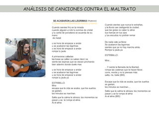 ANÁLISIS DE CANCIONES CONTRA EL MALTRATO SE ACABARON LAS LÁGRIMAS  (Huecco) C:\Users\usuario\Desktop\[0] Huecco y Hanna - Se acabaron las lagrimas.mp3 Cuando sientes frío en la mirada cuando alguien a roto tu sonrisa de cristal y tu carita de porcelana se acuerda de su mano  de metal u es hora de empezar a andar u se acabaron las lagrimas u es hora de empezar a andar rompe tu jaula 4 primaveras calladas las losas se callan no saben decir na siente las espinas que se clavan pinchando bien adentro donde duele mas u es hora de empezar a andar u se acabaron las lagrimas u es hora de empezar a andar rompe tu jaula ya ESTRIBILLO: Mira escapa que la vida se acaba, que los sueños se gastan,  los minutos se marchan. Salta que la calma te abraza, los momentos se pasan y se  te rompe el alma Ai el alma Cuando sientes que nunca lo extrañas, y la lluvia cae castigando la ciudad, que las gotas no calan tu alma sus barcas en tus ojos y tus escudos no podrán remar De nada vale ya llorar. Se acabaron las lagrimas sientes que ya no hay marcha atrás. Rompe tu jaula ya ESTRIBILLO: Mira… … Y siente la llamada de la libertad, rompe las cadenas que te hacen llorar, corre, monta y no lo pienses más salta, ríe, baila (BIS) Escapa que la vida se acaba, que los sueños se gastan,  los minutos se marchan… Salta que la calma te abraza, los momentos se pasan y se te rompe el alma Ai el alma (BIS) 