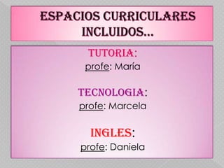 TUTORIA:
 profe: María

TECNOLOGIA:
profe: Marcela

  INGLES:
profe: Daniela
 