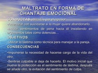 MALTRATO EN FORMA DE
         CHANTAJE EMOCIONAL
CONDUCTAS utilizadas por el agresor
-Amenazar con suicidarse si la mujer quiere abandonarlo.
-Inducir sentimientos de pena hacia él insistiendo en
argumentos tales como dolencias…
OBJETIVOS
-Utilizar la lástima como técnica para manejar a la pareja.
CONSECUENCIAS
-Imponerse la necesidad de hacerse cargo de la vida del
otro.
-Sentirse culpable si deja de hacerlo. El motivo inicial que
mueve la protección es el sentimiento de lástima, después
se añade otro, la evitación del sentimiento de culpa.
 