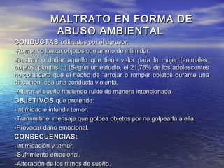 MALTRATO EN FORMA DE
             ABUSO AMBIENTAL
CONDUCTAS utilizadas por el agresor:
-Romper o lanzar objetos con ánimo de intimidar.
-Destruir o dañar aquello que tiene valor para la mujer (animales,
objetos, plantas…) (Según un estudio, el 21,76% de los adolescentes
no considera que el hecho de “arrojar o romper objetos durante una
discusión” sea una conducta violenta.
-Alterar el sueño haciendo ruido de manera intencionada .
OBJETIVOS que pretende:
-Intimidad e infundir temor.
-Transmitir el mensaje que golpea objetos por no golpearla a ella.
-Provocar daño emocional.
CONSECUENCIAS:
-Intimidación y temor.
-Sufrimiento emocional.
-Alteración de los ritmos de sueño.
 