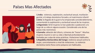 Países Mas Afectados
1.India: violencia, explotación, esclavitud sexual, mutilación
genital, el trabajo doméstico forzado y el matrimonio infantil
2.Siria: la llegada de la guerra ha empeorado considerablemente,
aumentando la explotación y esclavitud sexual de las mujeres.
3.Afganistán: 9/10 mujeres lo han padecido o padecerán a lo
largo de su vida en alguna ocasión. Considerado uno de los
países más restrictivos
4.Somalia: ablación del clítoris, crímenes de “honor”. Muchas
mujeres mueren o ven su vida o libertad profundamente
limitadas por culpa de estas prácticas. Violaciones habituales.
5.República Democrática del Congo: violencia sexual contra la
mujer, concretamente a nivel de violaciones. La violencia
doméstica tanto física como psíquica son habituales.
 