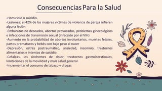 -Homicidio o suicidio.
-Lesiones: el 42% de las mujeres víctimas de violencia de pareja refieren
alguna lesión
-Embarazos no deseados, abortos provocados, problemas ginecológicos
e infecciones de transmisión sexual (infección por el VIH)
-Aumento en la probabilidad de abortos involuntarios, muertes fetales,
partos prematuros y bebés con bajo peso al nacer
-Depresión, estrés postraumático, ansiedad, insomnio, trastornos
alimentarios e intentos de suicidio.
-Cefaleas, los síndromes de dolor, trastornos gastrointestinales,
limitaciones de la movilidad y mala salud general.
-Incrementar el consumo de tabaco y drogas
ConsecuenciasPara la Salud
 