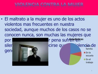 • El maltrato a la mujer es uno de los actos
  violentos mas frecuentes en nuestra
  sociedad, aunque muchos de los casos no se
  conocen nunca, son muchas las mujeres que
  por miedo o incluso por pena sufren en
                                     Estadisticas

  silencio, esto podría decirse que es violenciala de
                                                  En

  genero.
                                                  familia
                                                  En la
                                                   escuela
                                                   En el
                                                   trabajo


                                                        5
 