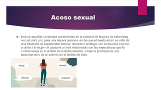 Acoso sexual
 Incluye aquellas conductas consistentes en la solicitud de favores de naturaleza
sexual, para sí o para una tercera persona, en las que el sujeto activo se valle de
una situación de superioridad laboral, docente o análoga, con el anuncio expreso
o tácito a la mujer de causarle un mal relacionado con las expectativas que la
víctima tenga en el ámbito de la dicha relación, o bajo la promesa de una
recompensa o de un premio en el ámbito de esta.
 