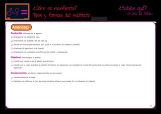 ¿Cómo se manifiesta?                                                                                   ¿Sabías qué?
                                                                                                                                              Un poco de teoría…
                             Tipos y formas del maltrato
                                                                                                       
 Amenazas
Conductas utilizadas por el agresor:
	   Amenazarle con echarla de casa.
	   Amenazarle con quitarle a los /as hijos /as.
	   Decirle que todo el patrimonio es suyo y que si no accede a sus deseos lo perderá.
	   Amenazas de agresiones o de muerte.
	   Amenazarle con suicidarse como fórmula de control y manipulación.

Objetivos: que persigue el agresor:
	   Impedir que cuente lo que le pasa o que denuncie.
	   Impedir que la mujer abandone la relación. De hecho, las agresiones con resultado de muerte frecuentemente se producen cuando la mujer inicia el proceso de
     separación.

Consecuencias: que tienen estas conductas en las mujeres:
	   Infunden temor en la mujer.
	   Paralizan a la víctima a la hora de tomar iniciativas eficaces que pongan fin a la situación de maltrato.




                                                                                                                                                                   11
 