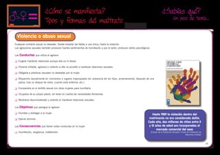 ¿Cómo se manifiesta?                                                                                      ¿Sabías qué?
                                                                                                                                                   Un poco de teoría…
                             Tipos y formas del maltrato
                                                                                                 
 Violencia o abuso sexual
Cualquier contacto sexual no deseado. Desde levantar las faldas a una chica, hasta la violación.
Las agresiones sexuales también producen fuertes sentimientos de humillación y por lo tanto, producen daños psicológicos.

Las Conductas que utiliza el agresor:

	   Exigirle mantener relaciones aunque ella no lo desee.

	   Ponerse irritable, agresivo o violento si ella no accedió a mantener relaciones sexuales.

	   Obligarla a prácticas sexuales no deseadas por la mujer.

	   Requerirla sexualmente en momentos o lugares inapropiados (en presencia de los hijos, amamantando, después de una
     paliza, tras un ataque de celos, cuando está enferma, etc.).

	   Compararla en el ámbito sexual con otras mujeres para humillarla.

	   Ocuparse de su propio placer, sin tener en cuenta las necesidades femeninas.

	   Mostrarse desconsiderado y violento al mantener relaciones sexuales.

Los Objetivos que persigue el agresor:

	   Humillar y doblegar a la mujer.
                                                                                                                           Hasta 1989 la violación dentro del
	   Ejercer dominio.                                                                                                   matrimonio no era considerada delito.
                                                                                                                       Cada año, dos millones de niñas entre 5
Las Consecuencias que tienen estas conductas en la mujer:                                                               y 15 años de edad son incorporadas al
                                                                                                                              mercado comercial del sexo
	   Humillación, vergüenza, indefensión.                                                                                   (Estado de la Población Mundial. Fondo de Población de
                                                                                                                                                                 Naciones Unidas)



                                                                                                                                                                                     15
 