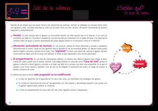 Ciclo de la violencia                                                                                    ¿Sabías qué?
                                                                                                                                              Un poco de teoría…


 Además de las etapas que van dando forma a las situaciones de violencia, también se establece un proceso cíclico entre
 una agresión y otra. Las fases descritas en cada uno de estos ciclos son tres: tensión, afirmación contundente de dominio
 (explosión) y arrepentimiento.

 	   Tensión. En esta primera fase el agresor va acumulando tensión por todo aquello que en la relación no es como él
      considera que debe ser. Se trata en realidad de una serie de tácticas coercitivas con el objeto de aislar a la mujer de las
      posibles redes de apoyo y hacerla dependiente del propio agresor (tanto en lo económico como en lo afectivo).

 	   Afirmación contundente de dominio. Es una reacción intensa de fuerza destinada a asustar y establecer
      definitivamente el control. Suele ser una agresión física o también el uso de amenazas graves. En algunos casos puede                   Tensión
      destruir objetos comunes o propios de la mujer. Esta “explosión” no tiene una causa real, aunque el agresor siempre
      la encuentra en algún acto de la mujer (por ejemplo no tener la cena preparada o una camisa planchada).

 	   El arrepentimiento. Es una fase de manipulación afectiva, un proceso que utiliza el agresor para mitigar el senti-
      miento de culpa y evitar que la relación termine. Esta etapa también es conocida como “Luna de miel” porque el
      agresor comienza a hacer regalos y promete a la mujer que todo va a cambiar, que está muy arrepentido de lo que ha                                Explosión
      pasado y que nunca volverá a repetirse. Una vez que se ha mitigado el sentimiento de culpa y el riesgo de ruptura, la         Luna de
      tensión comienza de nuevo.                                                                                                      miel

 A medida que pasa el tiempo esta progresión se va modificando:

         	 La fase de “gestación de la dependencia” se hace más corta y se intensifican las estrategias del agresor.

         	 En la fase de “afirmación del dominio” las agresiones son más severas y desmedidas respecto a las causas que
            el agresor esgrime para justificar su conducta.

         	 La fase de arrepentimiento se hace cada vez más corta, llegando incluso a desaparecer.




18
 